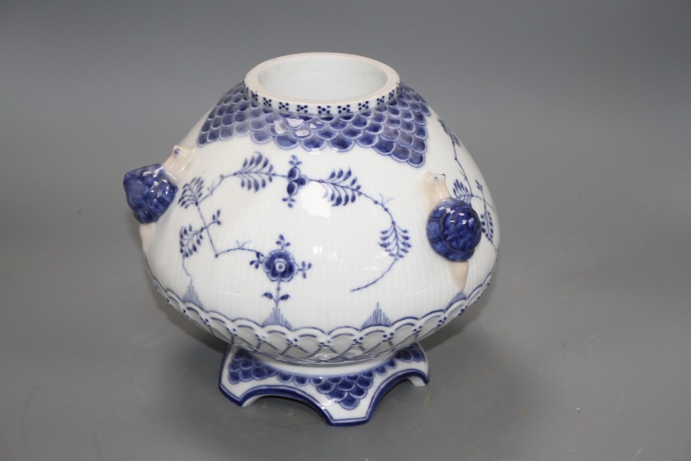 A Royal Copenhagen blue and white vase / lamp base, modelled in relief with snails, numbered 31 and in green 1/23, height 19cm